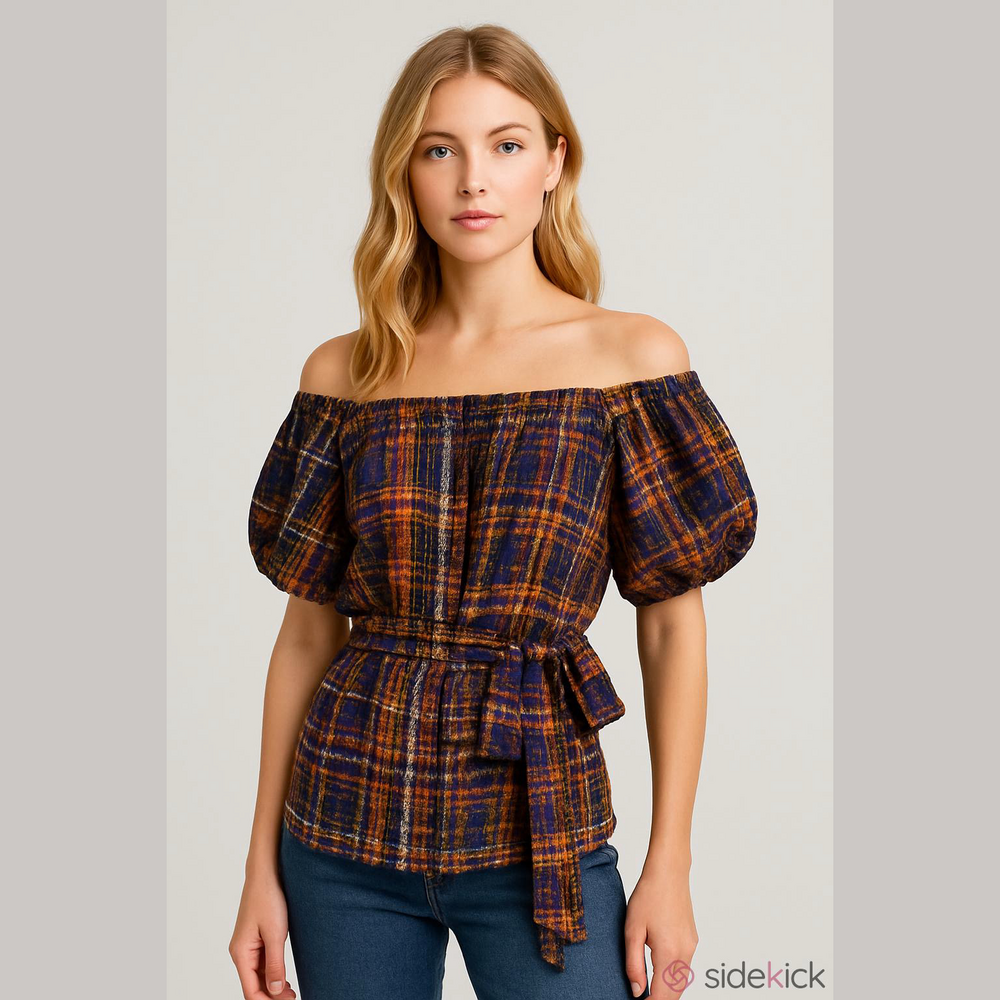 EUC Women's Cato Blouse Top Size L Brown Blue Plaid - Picture 1 of 7